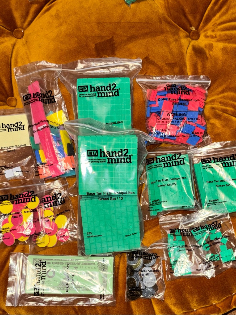 Hand2Mind Foam Math Manipulatives Set Base 10 Fractions Money Counters Rods Dice